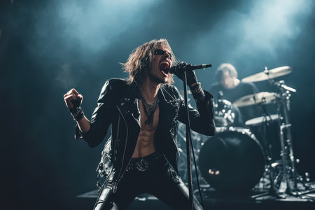 Energetic performance by a lead vocalist wearing a leather outfit while a drummer plays in the background.の素材