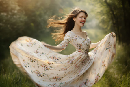 A woman is twirling in a flowing floral dress, enjoying the warm sunlight in a vibrant forest.の素材
