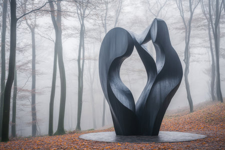 A striking black sculpture features two intertwined figures amidst autumn leaves and dense fog in the forest.の素材