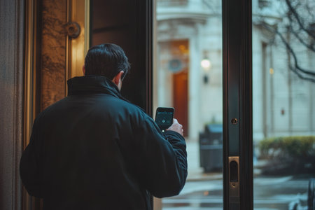 Individual stands by an open door, using a smartphone while looking out at a city street in the evening light.の素材