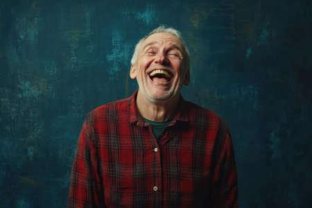 A joyful older man is laughing heartily, showing his happiness against a vibrant blue backdrop.の素材
