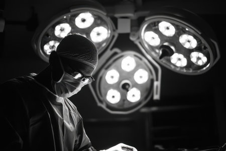 A skilled surgeon focuses intently on an operation under bright surgical lights, ensuring precision and care.の素材