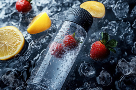 A clear container holds strawberries and lemons submerged in sparkling water over ice, creating a refreshing drink.の素材