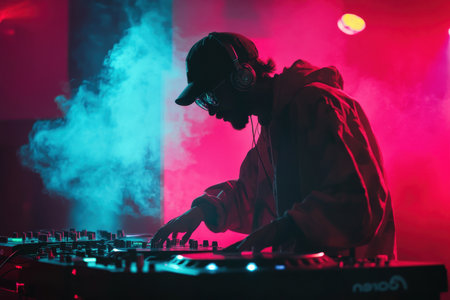 A DJ mixes tracks under colorful lights, surrounded by fog, creating an electrifying atmosphere for the crowd.の素材
