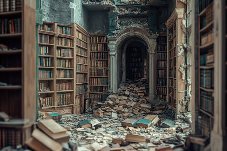 A once grand library lies in ruins, with books scattered and shelves collapsed in a decaying space.の素材