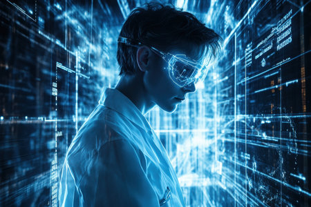 A scientist examines holographic data in a high-tech laboratory filled with glowing screens and visuals.の素材