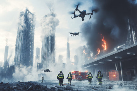 Firefighters respond to a large blaze in a crumbling city while drones aid in managing the emergency.の素材