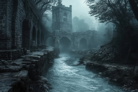 A serene river flows near a historical stone building, shrouded in mist and surrounded by dense trees.の素材