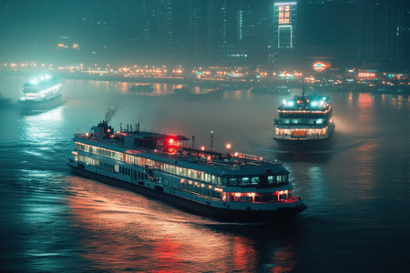 Illuminated boats cruise along the river, showing a vibrant city skyline shrouded in soft evening mist.の素材