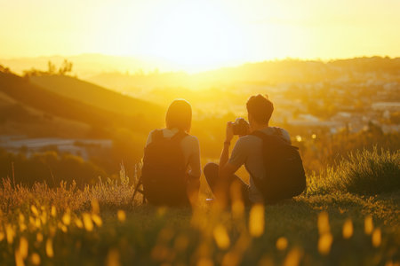Two individuals sit together on a hill, watching the sunset and taking photographs of the beautiful scenery.の素材