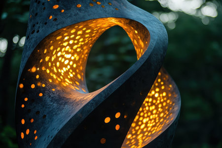 Unique metal sculpture with warm light shining through intricate holes, set in a tranquil forest at dusk.の素材