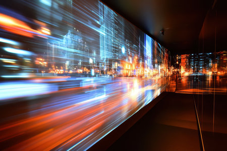 Bright city lights create a dynamic atmosphere with moving visuals on the walls in a contemporary space.の素材