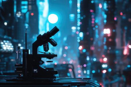 A state-of-the-art microscope sits on a lab bench illuminated by neon lights from a bustling city at night.の素材
