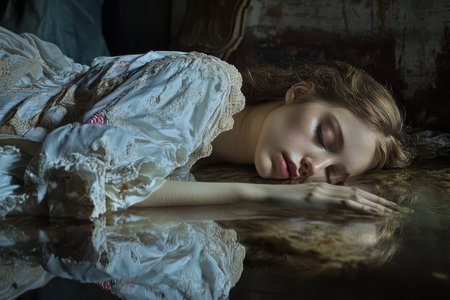 A young woman in a delicate vintage dress rests on the floor, her reflection visible in calm water.の素材