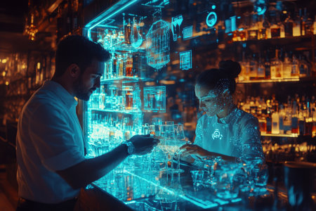Two bartenders create cocktails in a tech-savvy bar, illuminated by vibrant digital projections and soft lighting.の素材