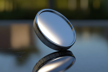 A smooth, shiny metal object rests on a reflective surface, capturing warm light during evening hours.の素材