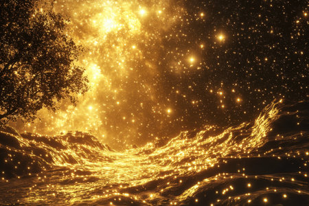 Waves illuminated by golden light create a dazzling effect against a starry night backdrop.の素材
