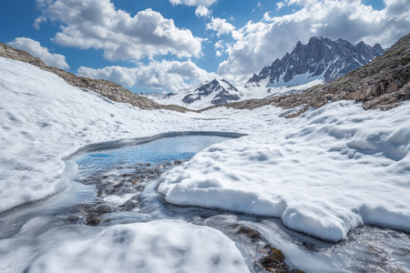 A breathtaking view of a snowy landscape featuring a glacial pool surrounded by mountains and clouds.の素材