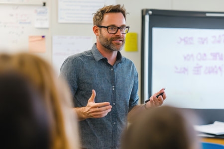 A teacher passionately explains concepts to engaged students in a vibrant classroom setting during a lesson.の素材