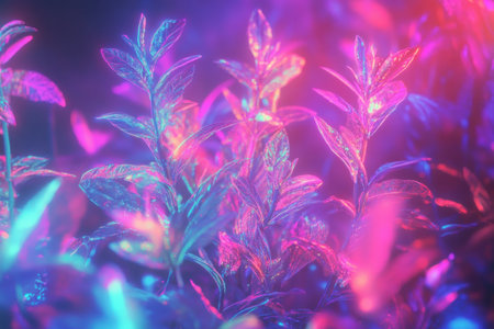 Plants are adorned with neon colors, creating a mesmerizing glow under soft lighting in a dark setting.の素材