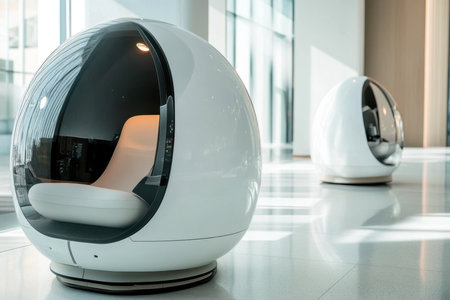 Sleek, modern seating pods are arranged in a bright, spacious interior, showcasing innovative design.の素材