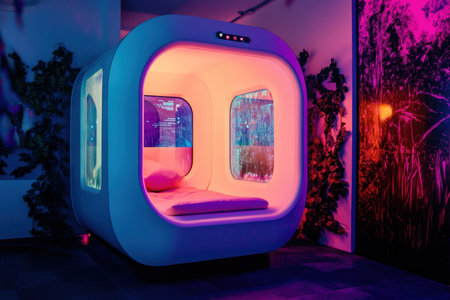 A sleek sleep pod features vibrant lighting and a minimalist design, creating a tranquil sleeping atmosphere.の素材