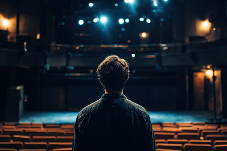 A man stands alone, gazing at an empty stage with bright lights, anticipating the show ahead.の素材