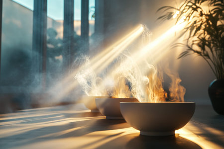 Soft rays of sunlight illuminate the room as fragrant smoke drifts from bowls, creating a serene atmosphere.の素材