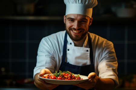 A chef proudly shows off a beautifully plated pasta dish in a warm kitchen filled with culinary tools.の素材