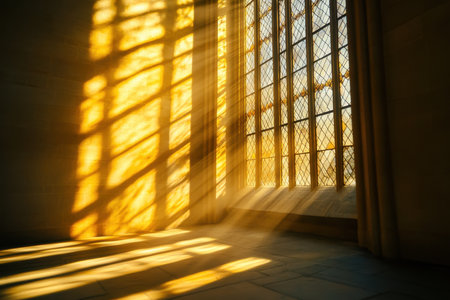 Golden sunlight filters through intricate stained glass, casting warm shadows on the stone floor.の素材