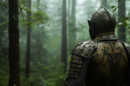 A solitary figure in worn armor stands silently, observing a dense, fog-covered forest at dawn.の素材