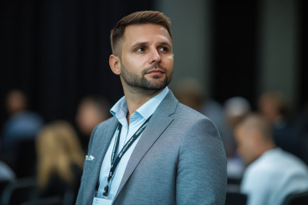A well-dressed man appears thoughtful while engaging with others at a busy networking event.の素材