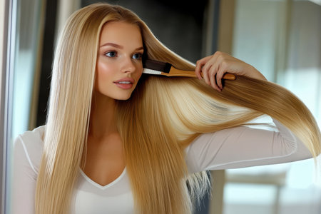 A woman with long, straight blonde hair carefully brushes her hair while looking in a mirror.の素材