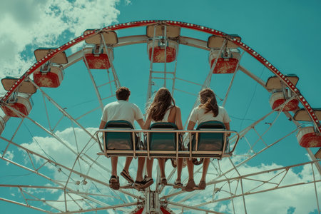 Three friends sit on a ferris wheel, enjoying the view and warm weather on a sunny day at a fair.の素材