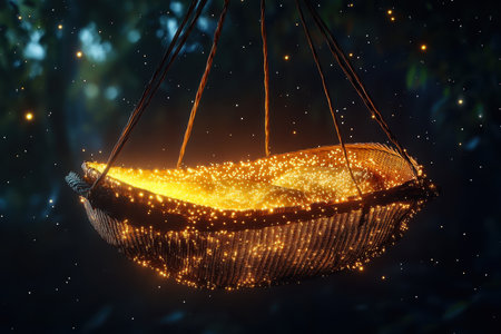 A basket filled with warm light hangs in a forest, surrounded by soft glowing particles in the air.の素材