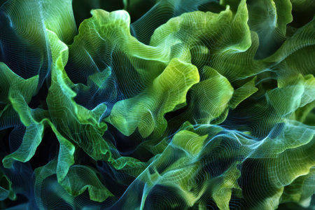 Colorful green waves intertwine, resembling fluid shapes with intricate textures and patterns in nature.の素材