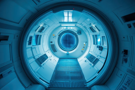 The interior of a sleek spacecraft displays advanced technology and an illuminated circular window, hinting at space.の素材
