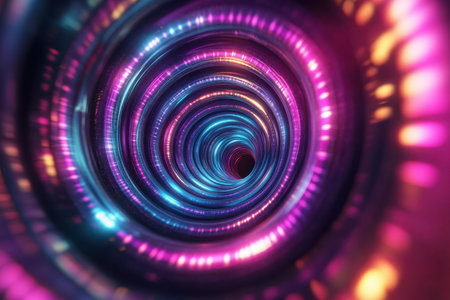 A captivating spiral tunnel filled with bright neon lights creates an immersive visual experience.の素材