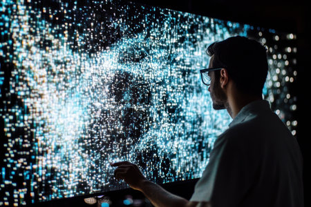 A professional engages with a bright digital display full of shimmering cosmic patterns in a lab.の素材