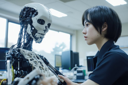A young engineer engages with a humanoid robot in a high-tech laboratory, showcasing innovation and technology.の素材