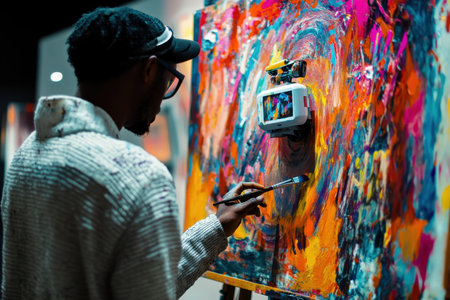 A male artist passionately paints a colorful abstract piece on canvas in a contemporary gallery.の素材