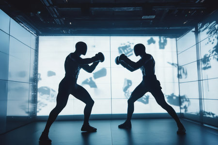 Two silhouettes engage in a boxing sparring session inside a high-tech training area illuminated by screens.の素材