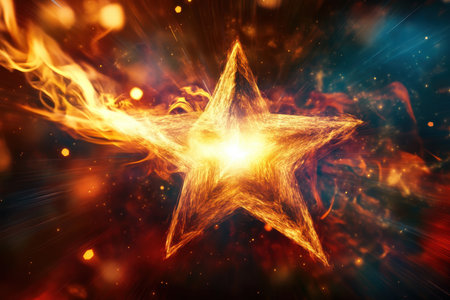 A radiant star emerges amidst swirling flames and cosmic colors, creating a dynamic and mesmerizing effect.の素材