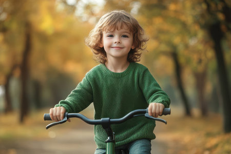 A child with curly hair smiles while riding a green bicycle along a tree-lined path filled with autumn leaves.の素材