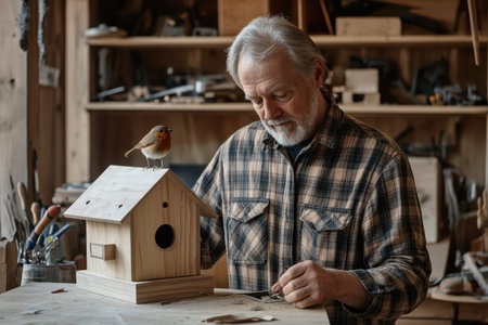 An older man carefully constructs a wooden birdhouse as a curious bird sits on top, sharing the moment.の素材