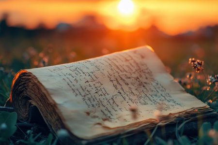 Handwritten notes are spread across an open book, lying in a grassy field under a beautiful sunset.の素材