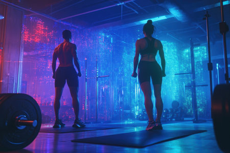 Two individuals prepare for their workout in a stylish gym filled with colorful lights and lifting equipment.の素材