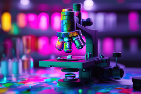 A microscope stands on a lab table under bright colored lighting that enhances its features and surroundings.の素材