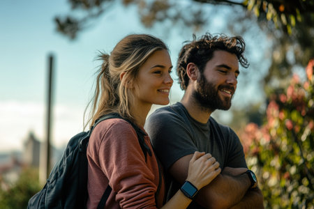 Two friends share a light moment outdoors, surrounded by lush greenery and warm sunlight.の素材