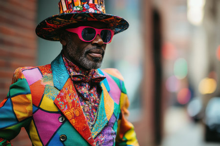 A fashionable man displays his vibrant style in a multicolored suit and hat while standing on an urban street.の素材